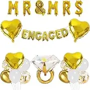 Chris.W 17 PCS Engagement Party Decorations, Gold and White Bridal Decorations, Engaged Banner, Mr and Mrs Balloons, Latex Heart Confetti Balloons, Engagement Ring, for Bridal Shower Wedding