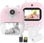 Instant Print Camera Digital Camera for 1080P Digital Video Camera Dual Lens 2.4 Inch IPS Screen Built-in Battery with 32GB TF Card & USB Card Reader 3 Rolls Thermal Printing Paper Neck Strap Pink