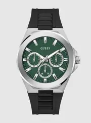 GUESS Men's Silver Dashboard Black Silicone Watch