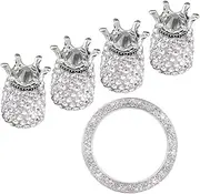OSOLADY Crown Shape Rhinestone Auto Start Ignition Button Ring Tire Dust Caps Set Durable Car Stem Caps with Rotating Thread Structure White Decoration