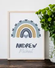 Baby Boy Nursery Name Personalised Print Blue Heart Rainbow Kid's Poster
