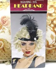 BLACK SEQUIN AND FEATHER FLAPPER ROARING 20'S WOMENS COSTUME HEADBAND HEADPIECE