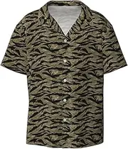 [HVTTIOR] Tiger Stripe Camo Print Short Sleeve Shirt Cuban Collar Beach Casual Style Summer Vacation Relaxed Fit