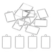 50Pcs Short Rectangle Alloy Open Back Bezel Pendants Resin Frame Silver Tone