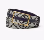 Latest Tory Burch Navy T Monogram Logo Jacquard Leather Belt 1.5" Size S L $228