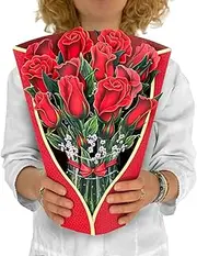 Paper Pop Up Cards, Paper Flower Bouquet 3D Popup Greeting Cards with Note Card & Envelope, Birthday Card, Anniversary, Get Well Gifts for Women, 12" Red Roses