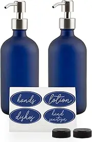 Cornucopia Brands Cornucopia 16oz Glass Pump Bottles (Set of 2, Blue w/Silver; Soap Dispenser with Brushed Metal Tops (SH_2142)
