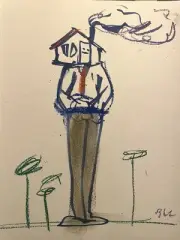 Surrealist House Man Figure Funny 9x12 Drawing On Paper Original BVC