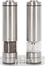 Electric Salt and Pepper Grinder Set (Pack of 2) - Stainless Steel Battery Operated Salt & Pepper Mills with Light - Complimentary Mill Rest- One Handed Operation Adjustable Ceramic Grinders
