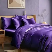 Manyshofu 6Pcs Dark Purple Duvet Cover Set Queen Size with Satin Fitted Sheet - Not Comforter, Cooling Satin Duvet Cover Sheets Silky Comforter Cover Set(4 Pillowcases, 1 Duvet Cover, 1 Fitted Sheet)