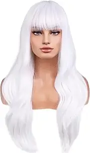 BERON 26 Inches White Wig Long Wavy Wig with Bangs Synthetic Wig Long Wig White Wigs for Daily Party with Wig Cap