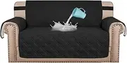 [Smarcute] 100% Waterproof Sofa Covers Couch Covers Sofa Slip Covers Quilted Sofa Protectors from Pets/Dogs/Kids with Non Slip Backing, Stay in Place with Strap (2 Seater, Black)
