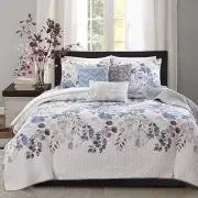 COZY CHIC BLUE LIGHT GREY IVORY WHITE BRANCH LEAF SPA SOFT QUILT & PILLOWS SET