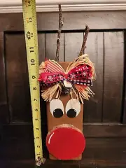 Hand Crafted Christmas Reindeer Decoration Wood Block 14"