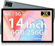 14 Inch Android 14 Tablet with Incell 2K Display, 36GB RAM, 256GB ROM, 11580mAh Battery, Octa-Core, 4G Dual SIM, 5G WiFi, GPS, Pen and Case (Grey)