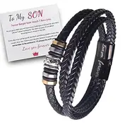 [pulunto] to My Son Braided Leather Bracelet, I Will Always Be with You Handmade Mens Braided Rope Adjustable Wristband Inspirational Bracelet, Son