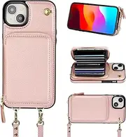 Bocasal Crossbody Wallet Case for iPhone 15 Plus, RFID Blocking Leather Purse Case with Card Holder, Protective Handbag Flip Cover with Zipper Wrist Strap Lanyard for Women 5G 6.7 Inch (Rose Gold)