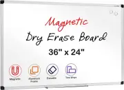 Magnetic Dry Erase Whiteboard 36x24 Wall Mount Pen Tray Silver Frame