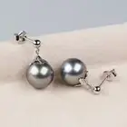 9.6mm Silver Gray Round Tahitian Saltwater Pearl Earrings 14K Solid White Gold