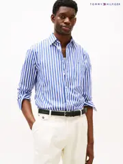 Tommy Hilfiger Light Blue Regular Fit Flex Poplin Stripe 100% Cotton Shirt (F55111) | $196