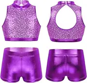 [RUNQHUI] Girls 2pcs Dance Sports Outfit Shiny Sequins Cutout Back Crop Top Booty Shorts Gymnastics Dancing Clothes
