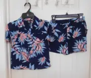 NWT 2pc Volcom Linen Blend Navy Beach Print Button Shirt & Shorts Set sz 5