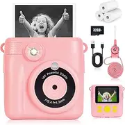 Hikkon Instant Print Camera for Kids - 2.4 Inch Kids Camera Instant Print with Paper & 32G Card- Digital Children Toys as Christams Birthday Gifts for Girls Boys Age 3-12 - Pink