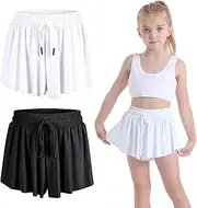 [FunisFun] 2 Pack Girls Athletic Flowy Shorts with Spandex Liner 2-in-1 Kids Butterfly Skirts Shorts for Dancing Running Sports