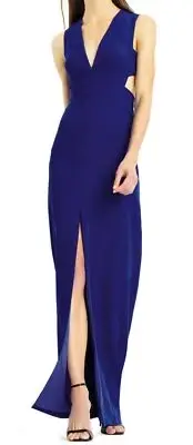 AIDAN MATTOX Plunging Crepe Column Gown Cutout Sapphire Blue Dress Womens Sz 10