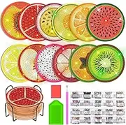 12 Pieces Diamond Painting Coasters Kit with Holder, Diamond Art Coasters, DIY Diamond Art Crafts Projects, Diamond Dot Kits for Adults and Beginners(Fruit Style)