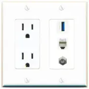3 Port Power Outlet Cover Plug Jack UL 2 Gang COAX PHONE USB-3 Wall Plate