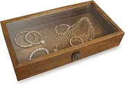 Mooca Large Washed Natural Wood Tempered Glass Top Lid Metal Clip Jewelry Display Case Brown Color 15 X 8.5 X 2 7/8H