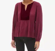 Burgundy Peasant Blouse Split-Neck Long Sleeve Velvet Trim Gap Women's Size M