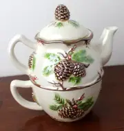 Mini Teapot & Cup Set Pine Cone Spruce Embossed Vintage by Sara Eckna Roberts