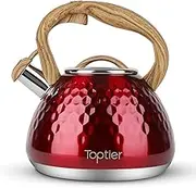 Tea Kettle, Toptier Teapot Whistling Kettle with Wood Pattern Handle Loud Whistle, Food Grade Stainless Steel Tea Pot for Stovetops Induction Diamond Design Water Kettle, 2.7-Quart Red
