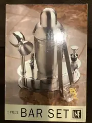 New + Box LNT Home Mini Bar Set 6 Piece Cocktail Shaker Bottle Topper Corkscrew