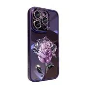 For iPhone 14 Pro Max Rose Flower Pattern Glitter Camera Ring Phone Case TPU Cover with Lens Film