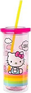 Silver Buffalo Hello Kitty Stripes Flowers Sunshine Plastic Tall Cold Cup w/Lid and Straw, 20 Ounces