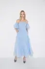 Sonya Moda Fleur Strapless Midi dress powder blue puff sleeve Size 8 10 NWT $420