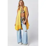 New Free People Be Real Button Front Tunic Mini Dress $128 SMALL Yellow Boho