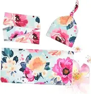 ERINGOGO Baby Hat Set 3pcs Newborn Headband Hat Swaddle Floral Printed Baby Headwraps