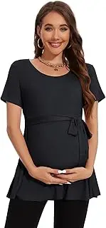 [Smallshow] Women's Maternity Clothes Tie Front Short Sleeve Pregnancy Tops