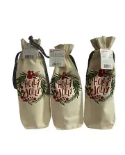 Wine Bottle Gift Bag Holly Jolly Fabric 4 Pack Christmas Cotton Draw String