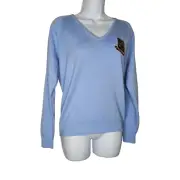 Glenbrae Women's S St Annes Girl Pullover V-Neck Wool Sweater Embroidered Blue