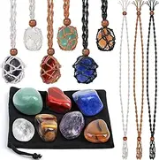 Crystals Necklace Holders and Healing Stones Set, 6Pcs Adjustable Crystal Cage with 7 Chakra Crystals and Healing Stones for Yoga, Meditation, Jewelry Gift and Home Decor, assorted size, Stone