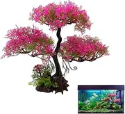 Aquarium Decorations Artificial Plastic Plants, Pink Cherry Blossom Tree & Grass Decor Set, Goldfish Fish Tank Decorations Hides Accessories, Aesthetic Room Decor (Pink)