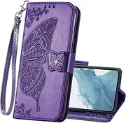 [HAOTP] Samsung Galaxy A54 5G Leather Wallet Case, B Purple, Flip, Embossed Floral Butterfly, 3 Card Slots, Wrist Strap, Magnetic Clasp, Wireless Charging Friendly