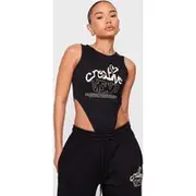 Petite Black Slogan Detail High Cut Bodysuit, Black