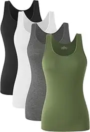 [Knuffnee] Women's Stretch Undershirt Basic Tank Tops Workout Vests Tops Pack of 4, Black/White/Dark Grey/Army Green, S