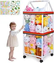 FIOBEE Stuffed Animals Storage Zoo With Wheels 360 Degree Movable Plushies Toy Storage Organizer Large Stuffed Animal Holder Cage With DIY Stickers for Nursery Play Room Kids Room Organization, White